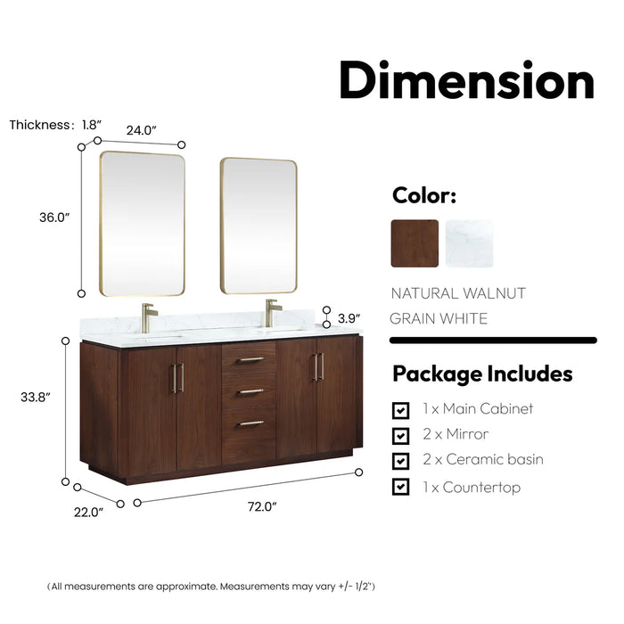 72-Inch Whitham Natural Walnut Hardwood Double Bathroom Vanity with Composite Top and Matching Mirrors