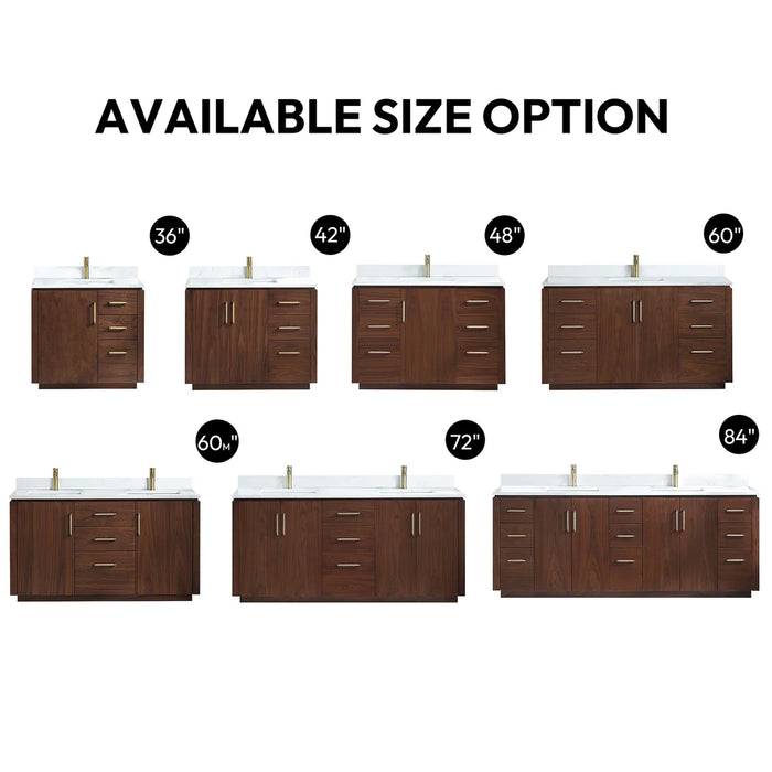 72-Inch Ulric Natural Walnut Free-Standing Double Vanity with White Grain Stone Top and Soft-Close Drawers