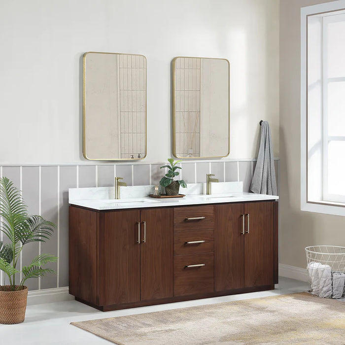72-Inch Whitham Natural Walnut Hardwood Double Bathroom Vanity with Composite Top and Matching Mirrors