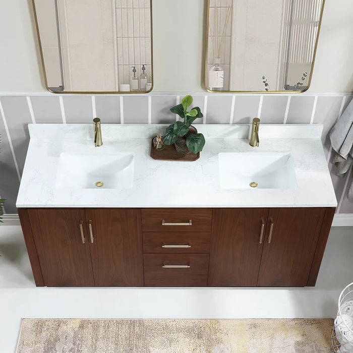 72-Inch Ulric Natural Walnut Free-Standing Double Vanity with White Grain Stone Top and Soft-Close Drawers