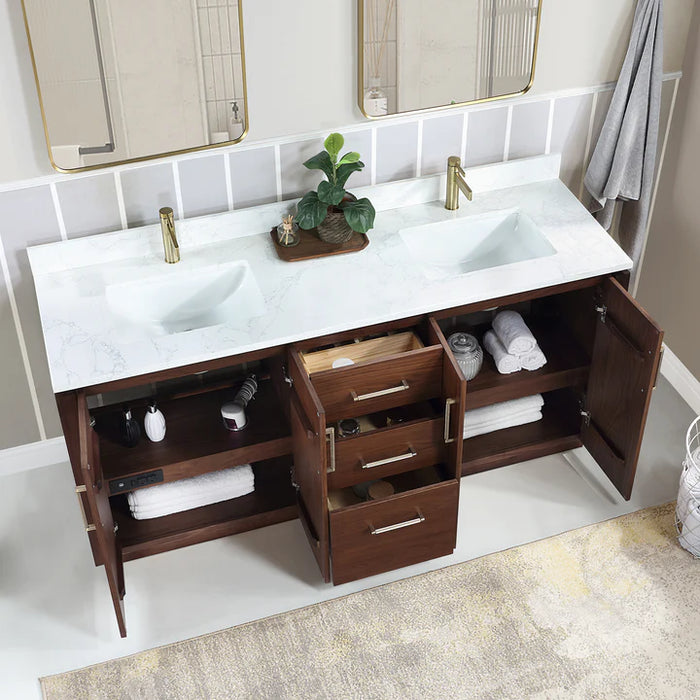 72-Inch Ulric Natural Walnut Free-Standing Double Vanity with White Grain Stone Top and Soft-Close Drawers