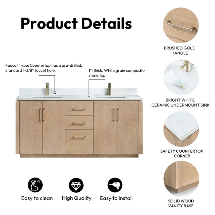 72-Inch Solen Ash Grey Double Vanity - Freestanding Bathroom Vanity with Composite Stone Top & Mirror