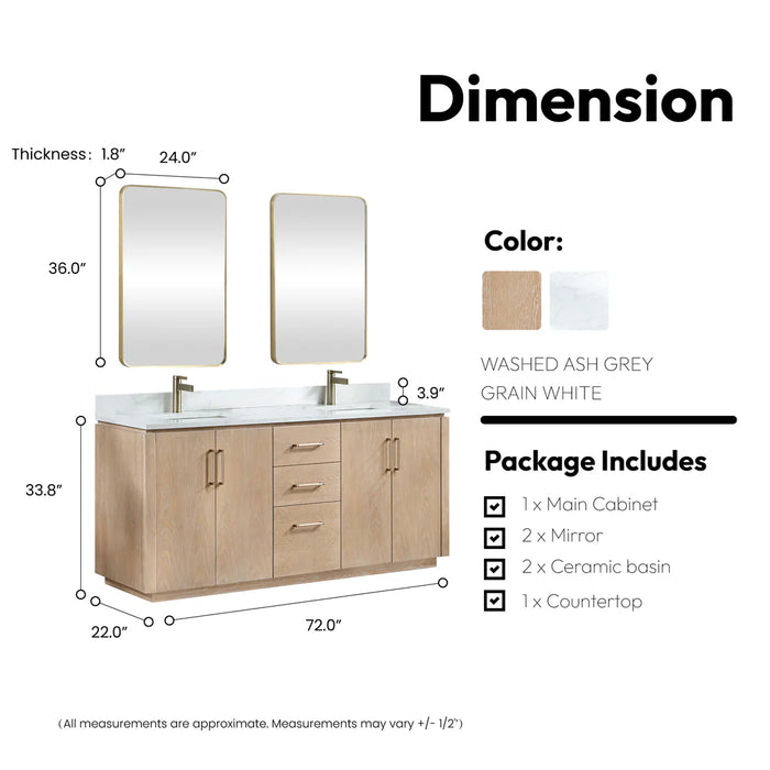 72-Inch Xylen Double Sink Bathroom Vanity Washed Ash Grey with White Grain Stone Top and USB Outlets