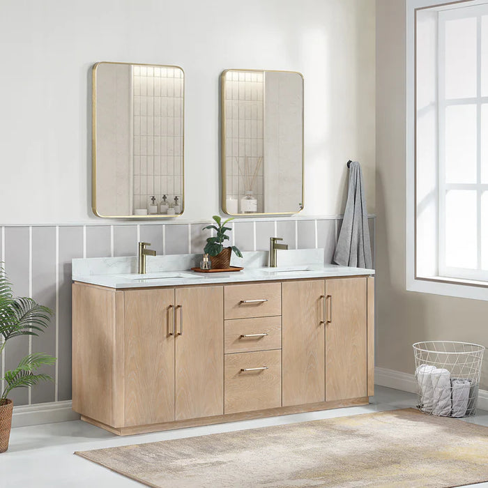 72-Inch Xylen Double Sink Bathroom Vanity Washed Ash Grey with White Grain Stone Top and USB Outlets