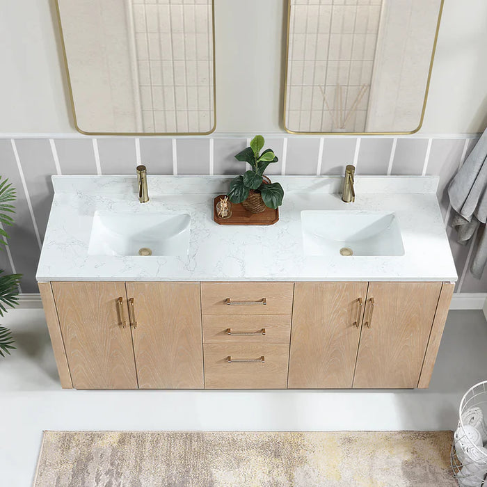 72-Inch Xylen Double Sink Bathroom Vanity Washed Ash Grey with White Grain Stone Top and USB Outlets
