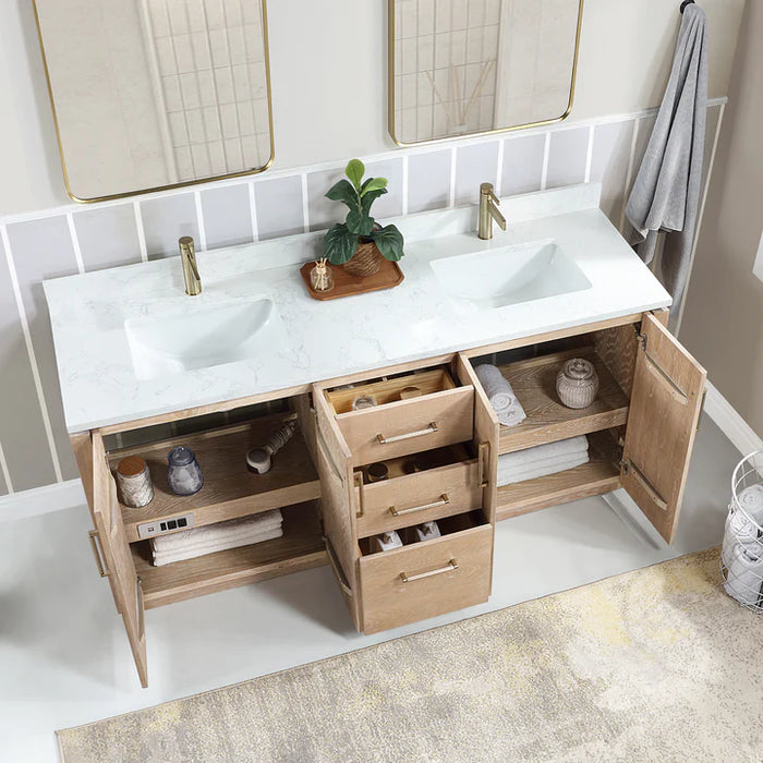 72-Inch Xylen Double Sink Bathroom Vanity Washed Ash Grey with White Grain Stone Top and USB Outlets