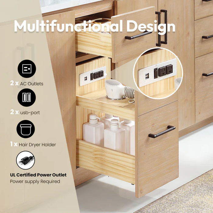 84-Inch Astra Fir Wood Brown Double Vanity Freestanding with White Stone Top and USB Outlets
