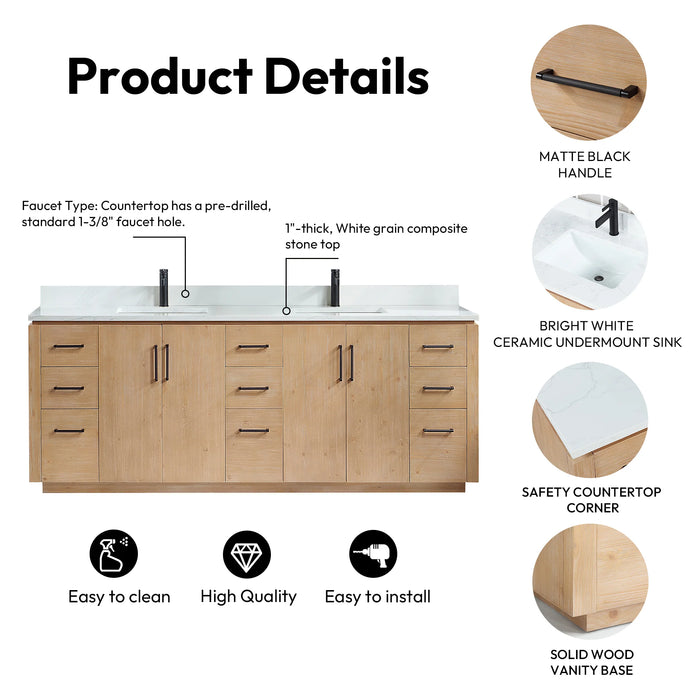 84-Inch Fir Wood Marlee Freestanding Double Vanity with White Composite Stone Top & Matching Mirror