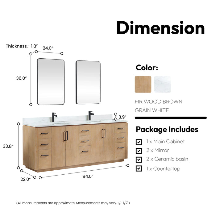 84-Inch Astra Fir Wood Brown Double Vanity Freestanding with White Stone Top and USB Outlets