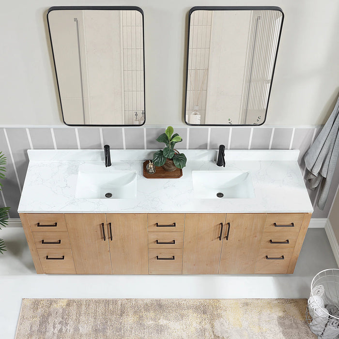 84-Inch Astra Fir Wood Brown Double Vanity Freestanding with White Stone Top and USB Outlets