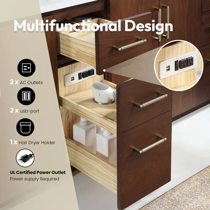 84-Inch Hardwood Solana Double Vanity Natural Walnut Freestanding with Composite Stone Top USB Outlets and Mirror