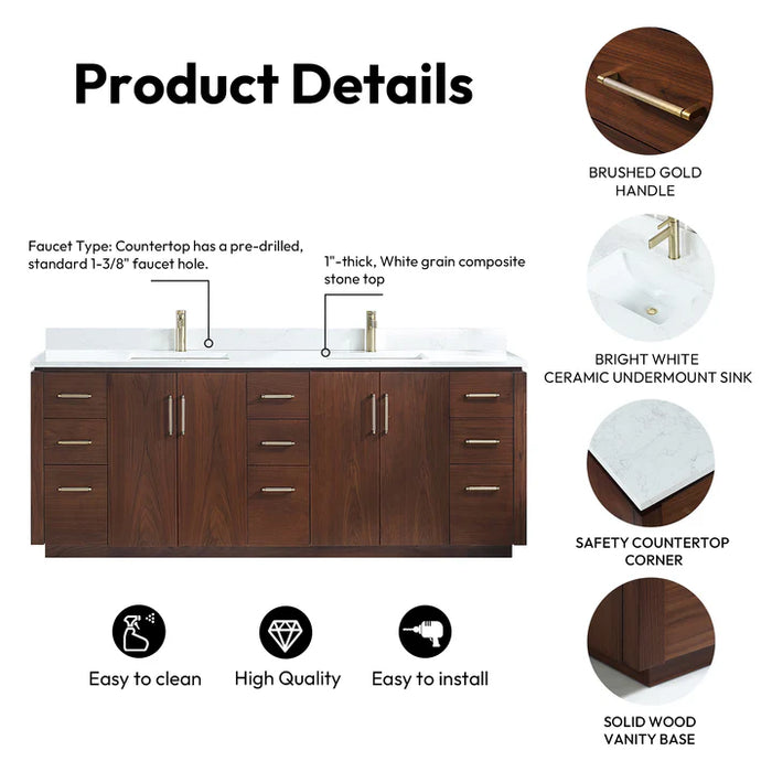 84-Inch Hardwood Solana Double Vanity Natural Walnut Freestanding with Composite Stone Top USB Outlets and Mirror