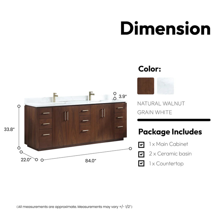 84-Inch Hardwood Solana Double Vanity Natural Walnut Freestanding with Composite Stone Top USB Outlets and Mirror