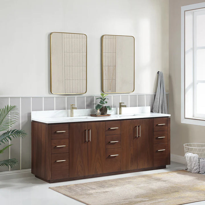 84-Inch Hardwood Solana Double Vanity Natural Walnut Freestanding with Composite Stone Top USB Outlets and Mirror