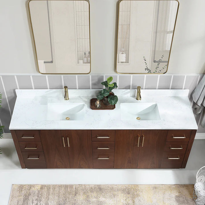 84-Inch Hardwood Solana Double Vanity Natural Walnut Freestanding with Composite Stone Top USB Outlets and Mirror