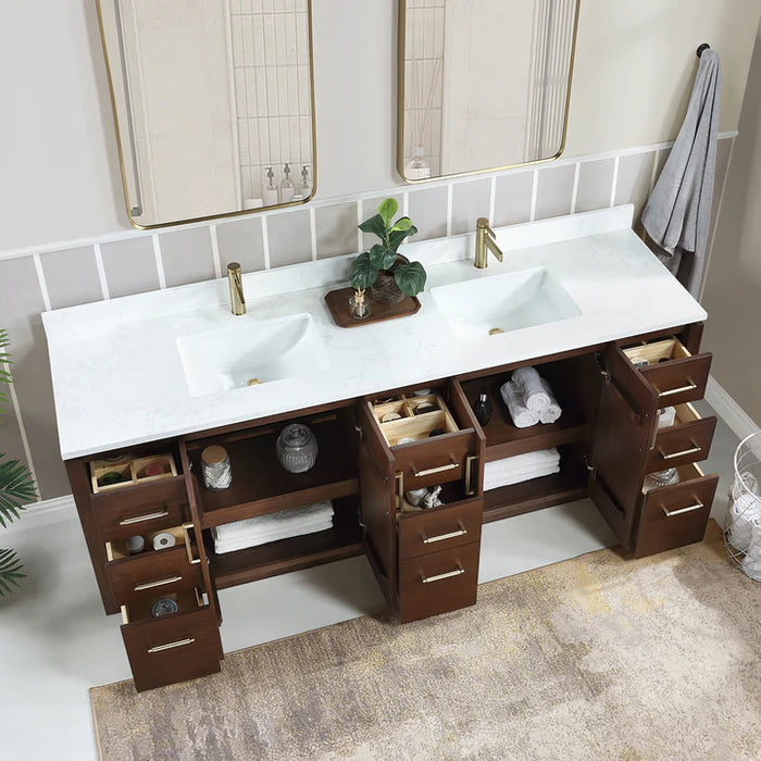 84-Inch Natural Walnut Lindee Double Sink Vanity - Free-Standing with White Composite Stone Top