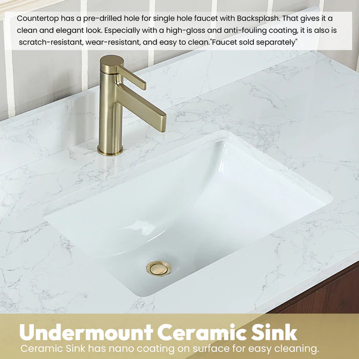 84-Inch Hardwood Solana Double Vanity Natural Walnut Freestanding with Composite Stone Top USB Outlets and Mirror