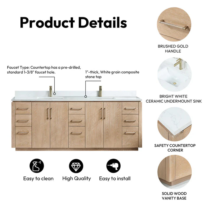 84-Inch Washed Ash Grey Maven Freestanding Double Bathroom Vanity - White Grain Stone Top with Soft-Close Drawers