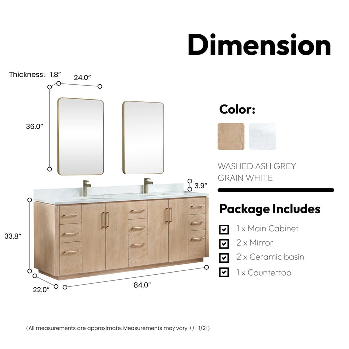 84-Inch Anela Double Sink Vanity Washed Ash Grey Wood with White Stone Top and Matching Mirror