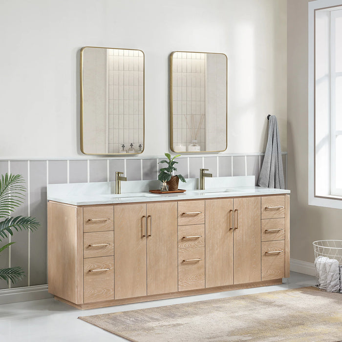 84-Inch Anela Double Sink Vanity Washed Ash Grey Wood with White Stone Top and Matching Mirror
