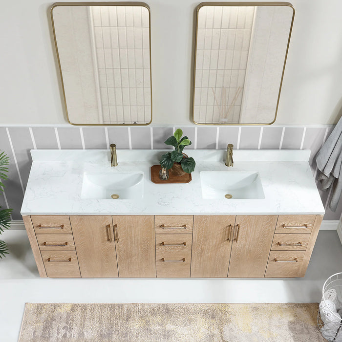 84-Inch Anela Double Sink Vanity Washed Ash Grey Wood with White Stone Top and Matching Mirror