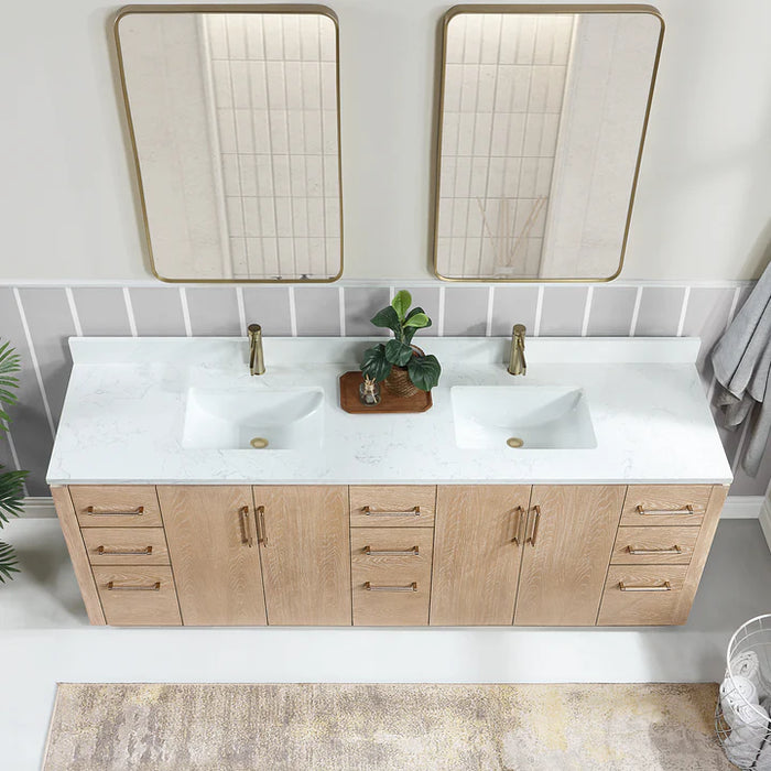 84-Inch Washed Ash Grey Maven Freestanding Double Bathroom Vanity - White Grain Stone Top with Soft-Close Drawers