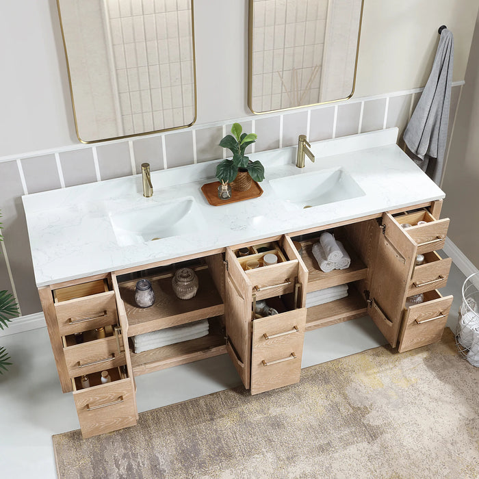 84-Inch Anela Double Sink Vanity Washed Ash Grey Wood with White Stone Top and Matching Mirror