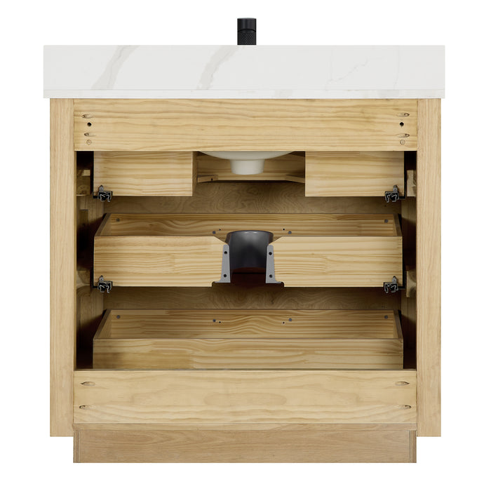 36-Inch Heirloom Aged Oak Freestanding Single Bathroom Vanity with Fish Maw White Quartz Top and Mirror