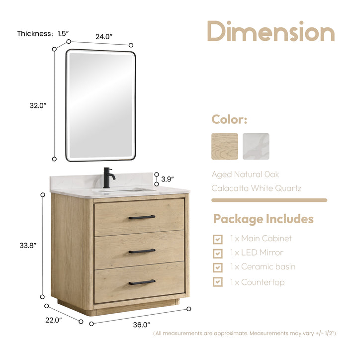 36-Inch Heirloom Aged Oak Freestanding Single Bathroom Vanity with Fish Maw White Quartz Top and Mirror