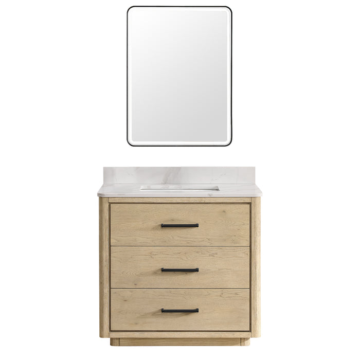 36-Inch Heirloom Aged Oak Freestanding Single Bathroom Vanity with Fish Maw White Quartz Top and Mirror