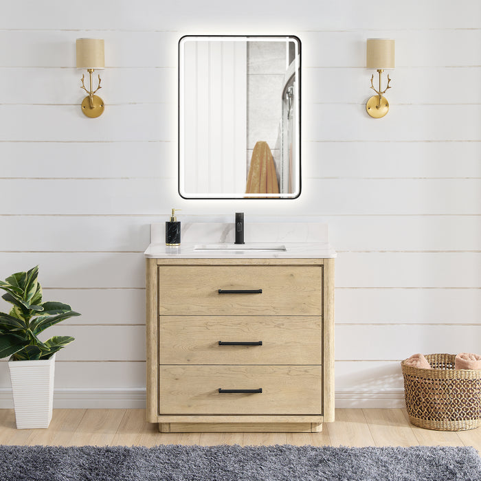36-Inch Heirloom Aged Oak Freestanding Single Bathroom Vanity with Fish Maw White Quartz Top and Mirror