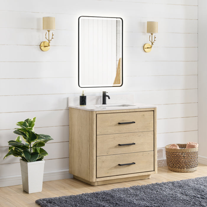 36-Inch Heirloom Aged Oak Freestanding Single Bathroom Vanity with Fish Maw White Quartz Top and Mirror
