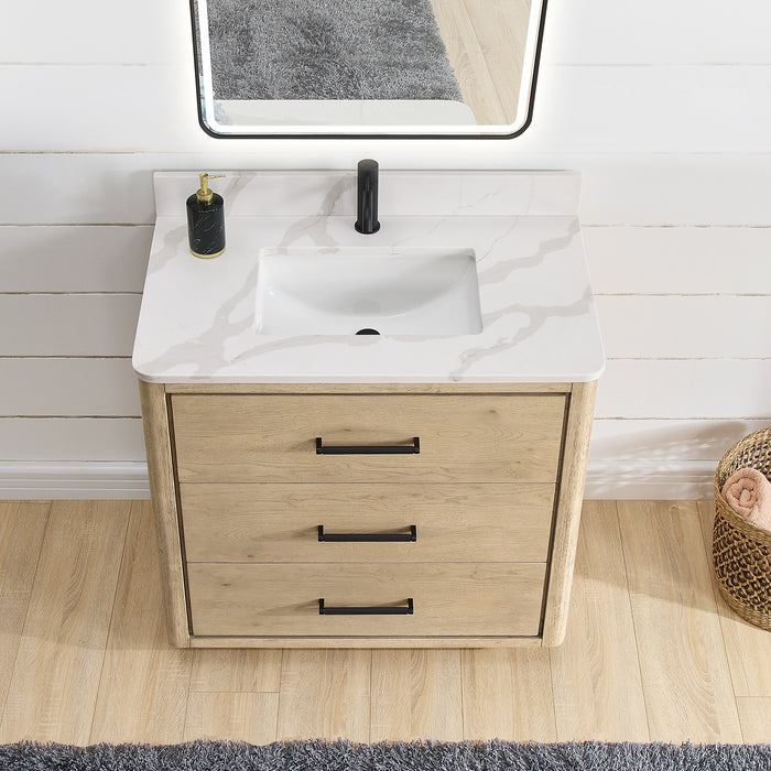 36-Inch Heirloom Aged Oak Freestanding Single Bathroom Vanity with Fish Maw White Quartz Top and Mirror