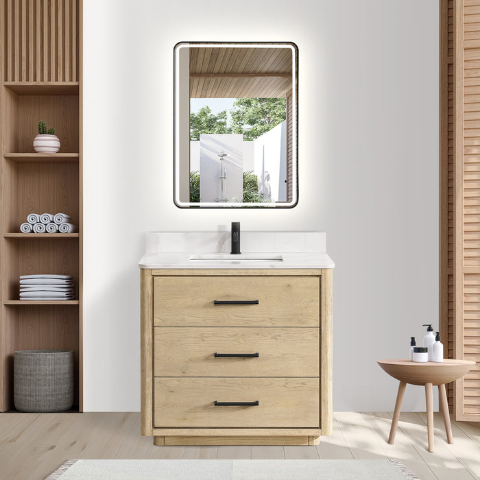 36-Inch Heirloom Aged Oak Freestanding Single Bathroom Vanity with Fish Maw White Quartz Top and Mirror