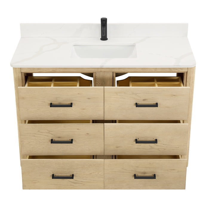 48-Inch Aged Natural Oak Hinterland Vanity - Freestanding with Fish Maw Quartz Stone Top and Mirror