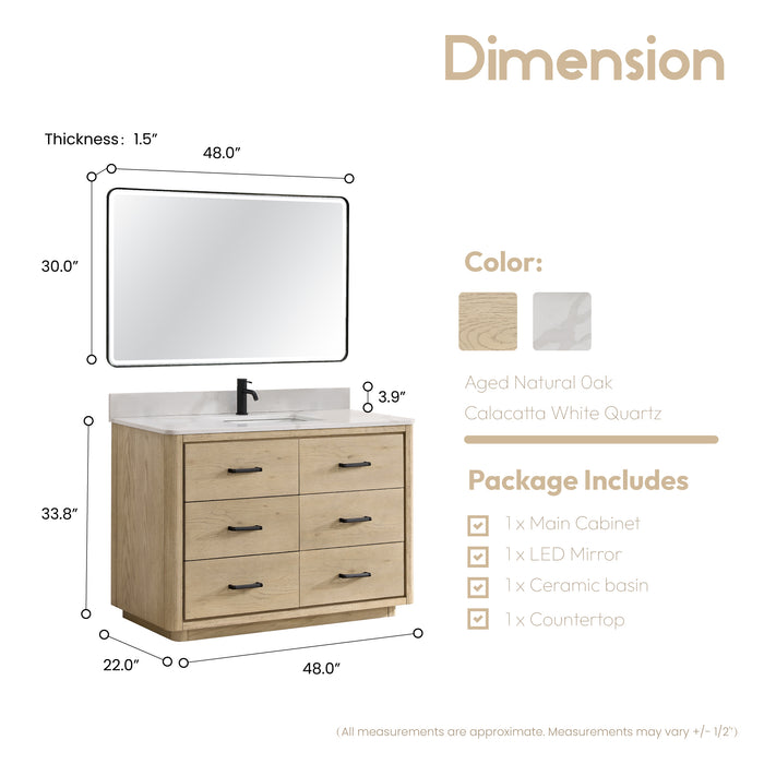 48-Inch Aged Natural Oak Hinterland Vanity - Freestanding with Fish Maw Quartz Stone Top and Mirror