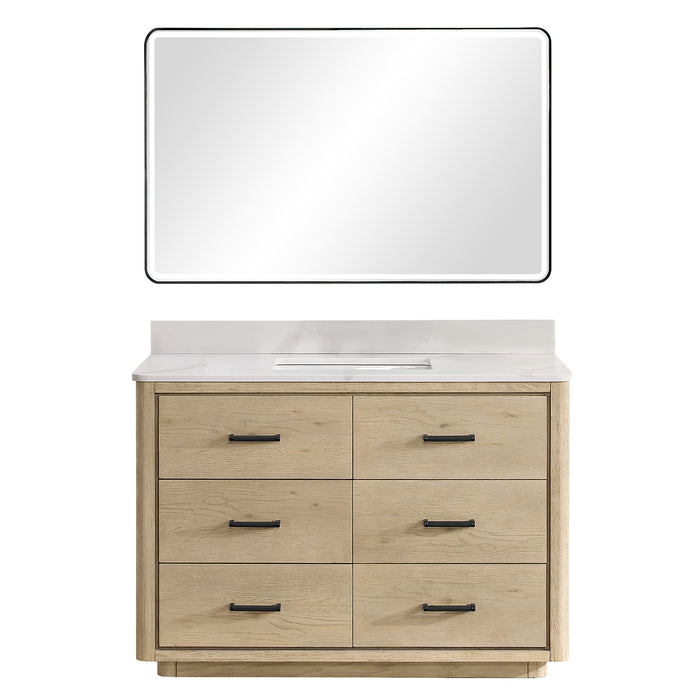 48-Inch Aged Natural Oak Hinterland Vanity - Freestanding with Fish Maw Quartz Stone Top and Mirror