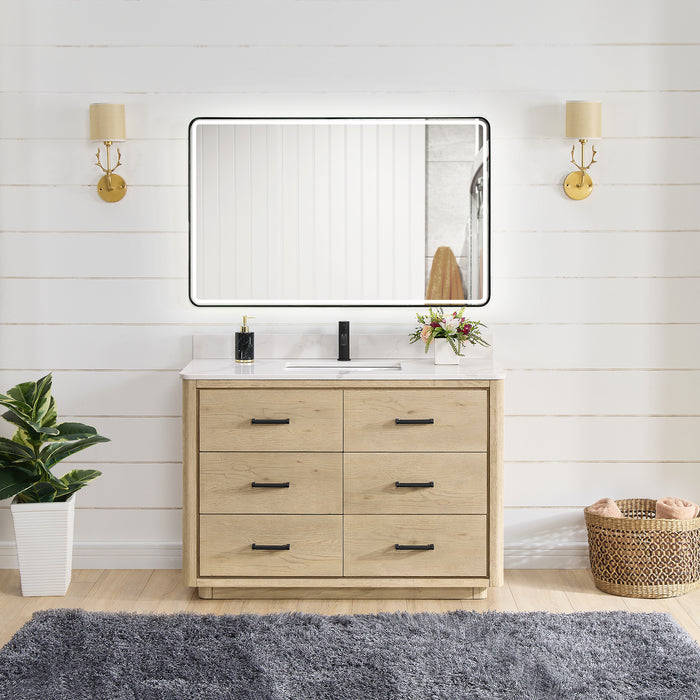 48-Inch Aged Natural Oak Hinterland Vanity - Freestanding with Fish Maw Quartz Stone Top and Mirror