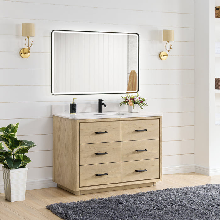 48-Inch Aged Natural Oak Hinterland Vanity - Freestanding with Fish Maw Quartz Stone Top and Mirror