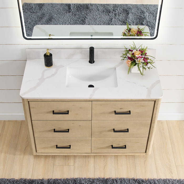 48-Inch Aged Natural Oak Hinterland Vanity - Freestanding with Fish Maw Quartz Stone Top and Mirror