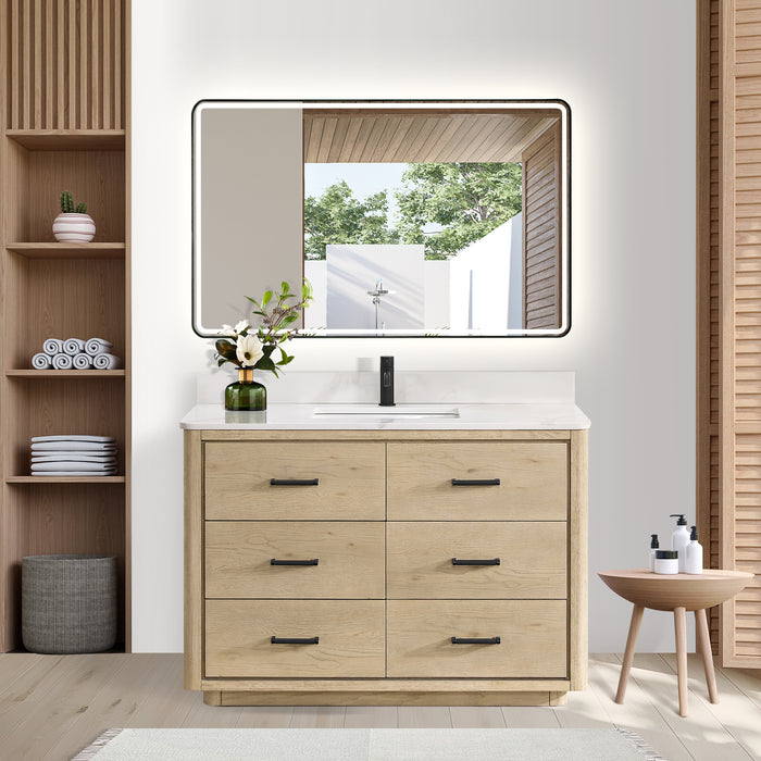 48-Inch Aged Natural Oak Hinterland Vanity - Freestanding with Fish Maw Quartz Stone Top and Mirror