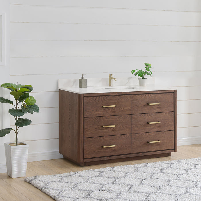 55-Inch Honeycomb Dark Brown Oak Freestanding Bathroom Vanity - Single Sink with Dovetail Drawers