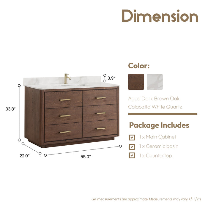 55-Inch Honeycomb Dark Brown Oak Freestanding Bathroom Vanity - Single Sink with Dovetail Drawers