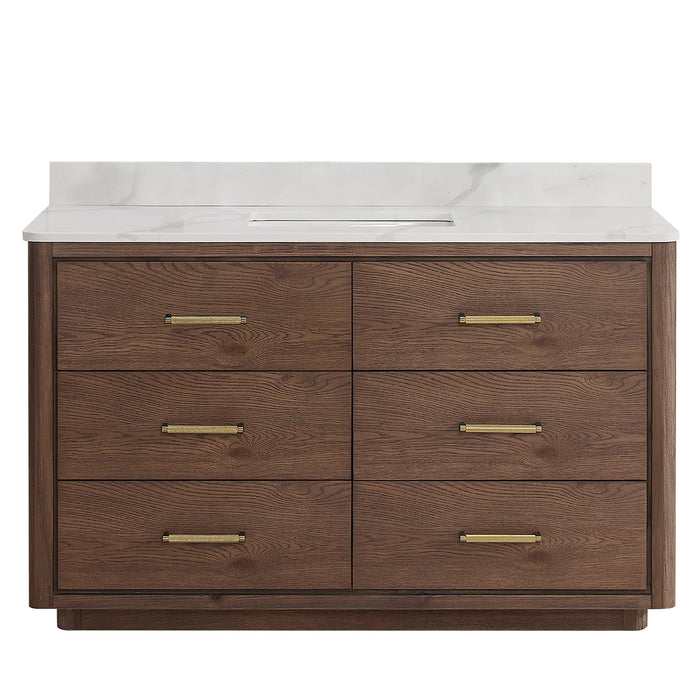 55-Inch Honeycomb Dark Brown Oak Freestanding Bathroom Vanity - Single Sink with Dovetail Drawers