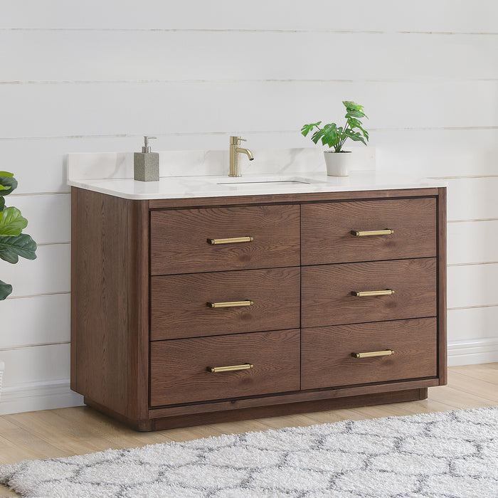 55-Inch Honeycomb Dark Brown Oak Freestanding Bathroom Vanity - Single Sink with Dovetail Drawers