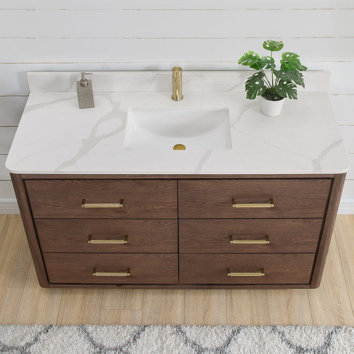 55-Inch Honeycomb Dark Brown Oak Freestanding Bathroom Vanity - Single Sink with Dovetail Drawers