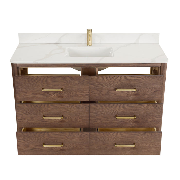 55-Inch Aged Dark Brown Oak Illustra Vanity Freestanding Single Sink with White Quartz Top & LED Mirror