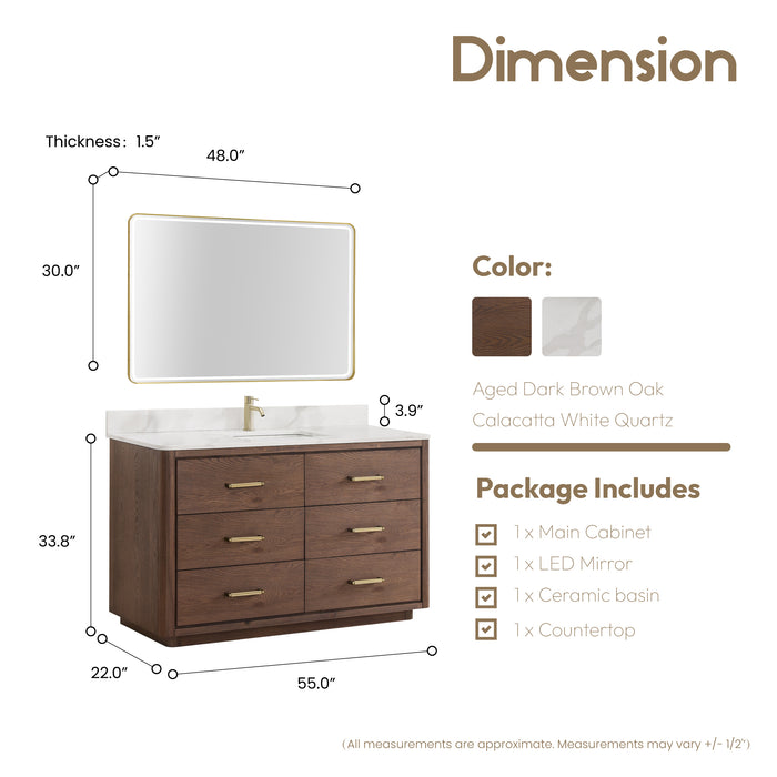 55-Inch Aged Dark Brown Oak Illustra Vanity Freestanding Single Sink with White Quartz Top & LED Mirror