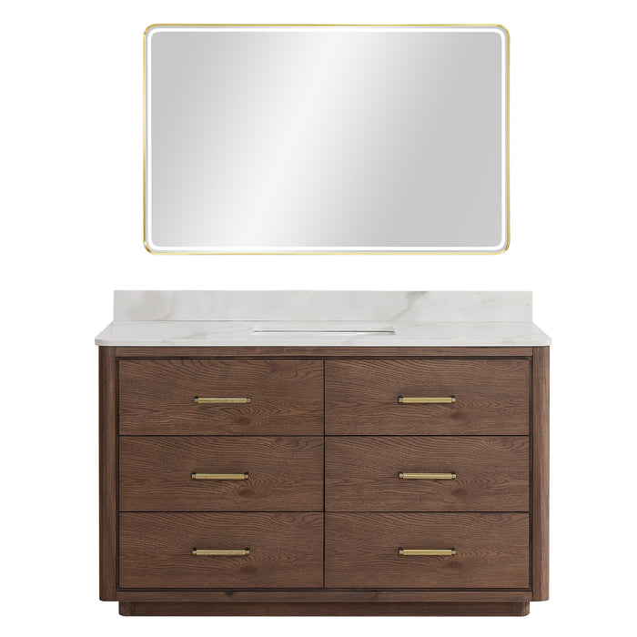 55-Inch Aged Dark Brown Oak Illustra Vanity Freestanding Single Sink with White Quartz Top & LED Mirror