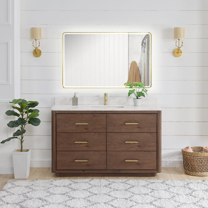 55-Inch Aged Dark Brown Oak Illustra Vanity Freestanding Single Sink with White Quartz Top & LED Mirror